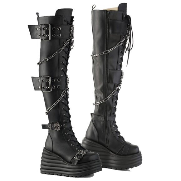 Demonia Morty Thigh High Platform Goth Punk Rocker Boots Stretch Big Buckles - Picture 9 of 10